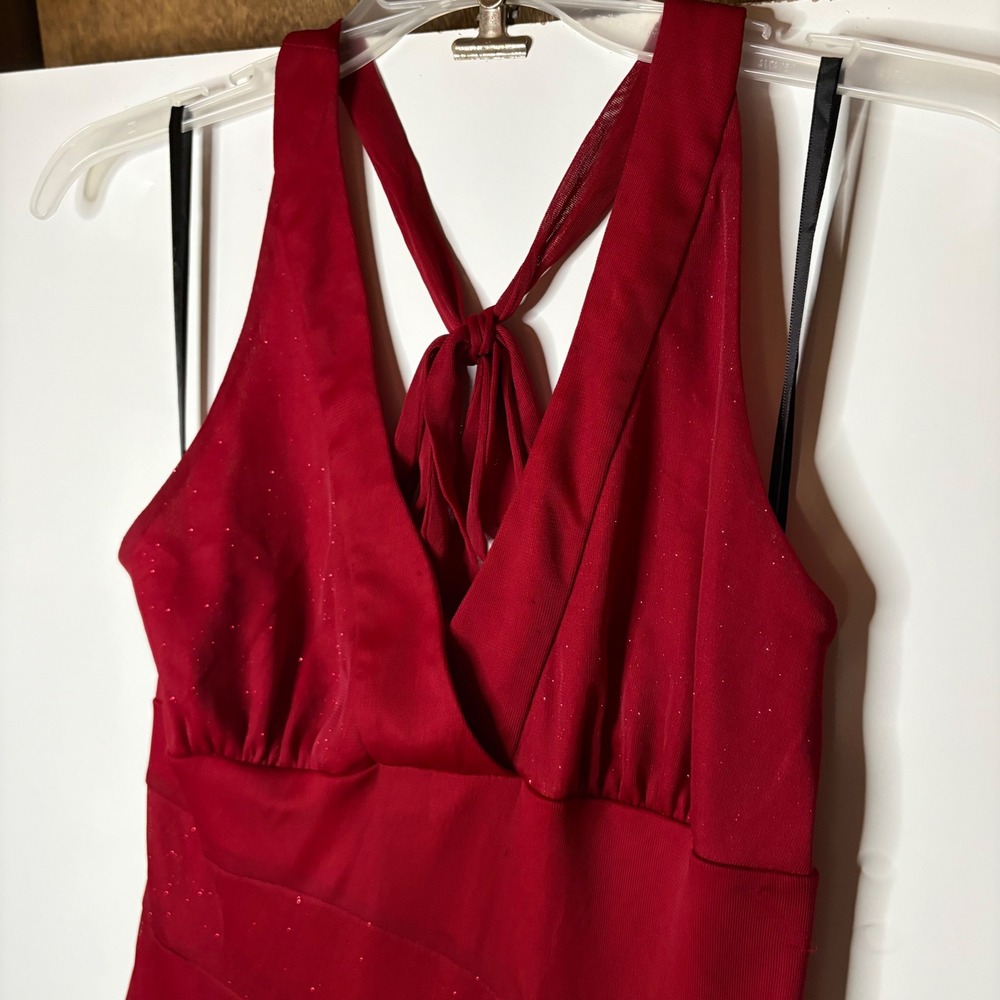 BCX Y2K Party Midi Dress Womens M Red Glitter Halter Handkerchief Hem Dance Club